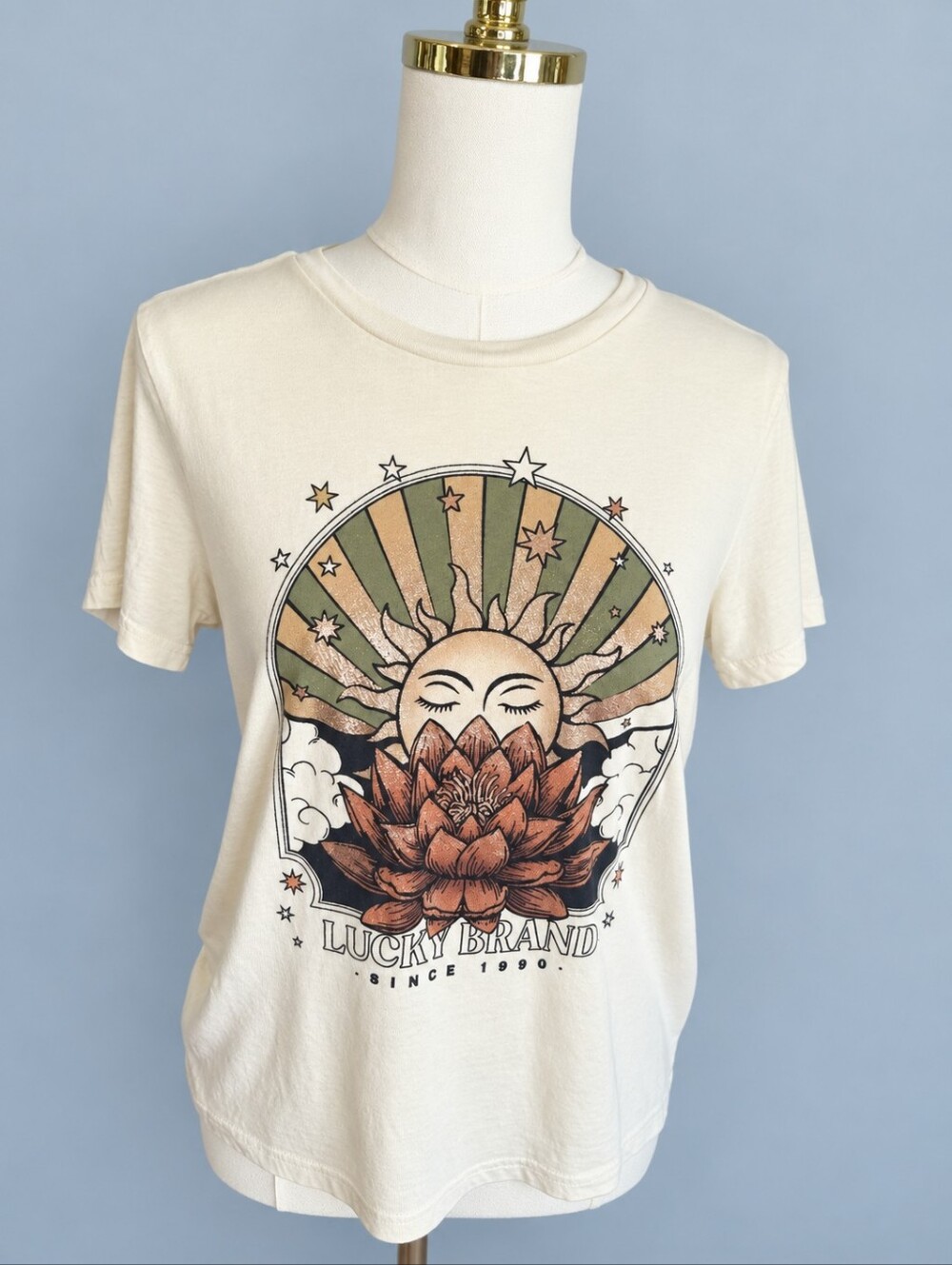 Lucky Brand Celestial Sun Lotus Graphic Tee Size Small